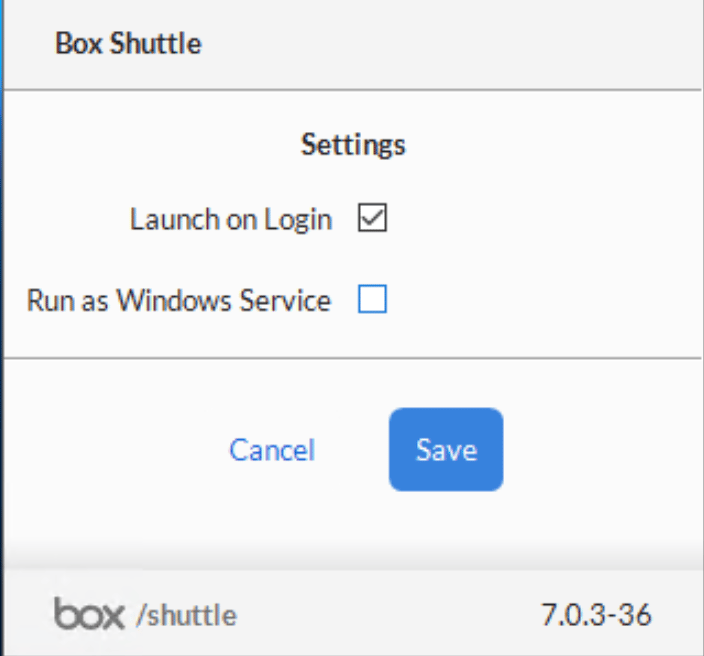 Box Shuttle Settings with Launch on Login checked and Run as Windows Service unchecked.