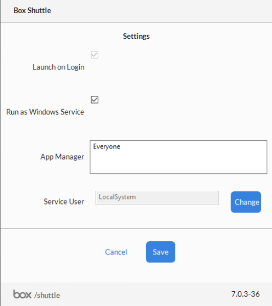 Box Shuttle Settings with Run as Windows Service checked, Service User LocalSystem, and Save button.