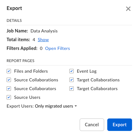 Export dialog for Data Analysis job with report page checkboxes selected and Export Users set to migrated users.
