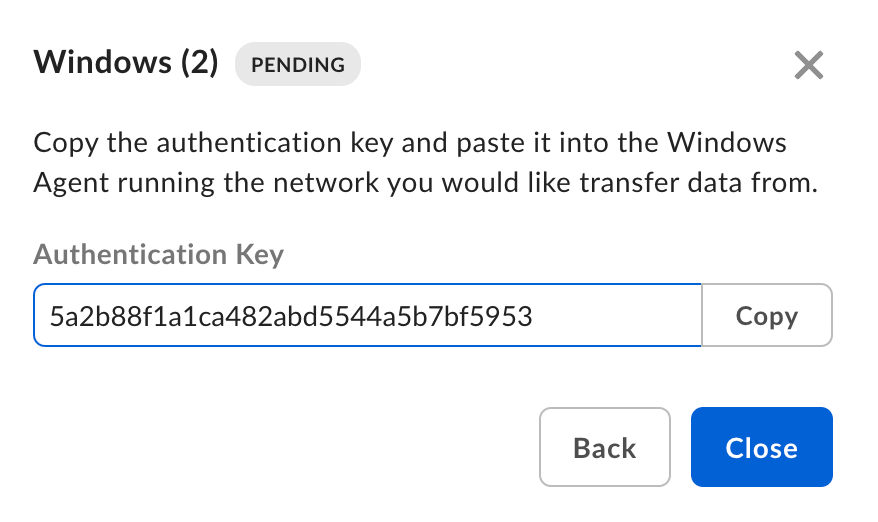 Windows agent dialog with PENDING status showing authentication key field and Copy button.