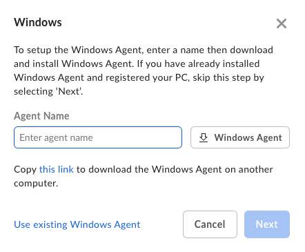 Windows Agent setup dialog to enter agent name, download Windows Agent, and proceed with Next.