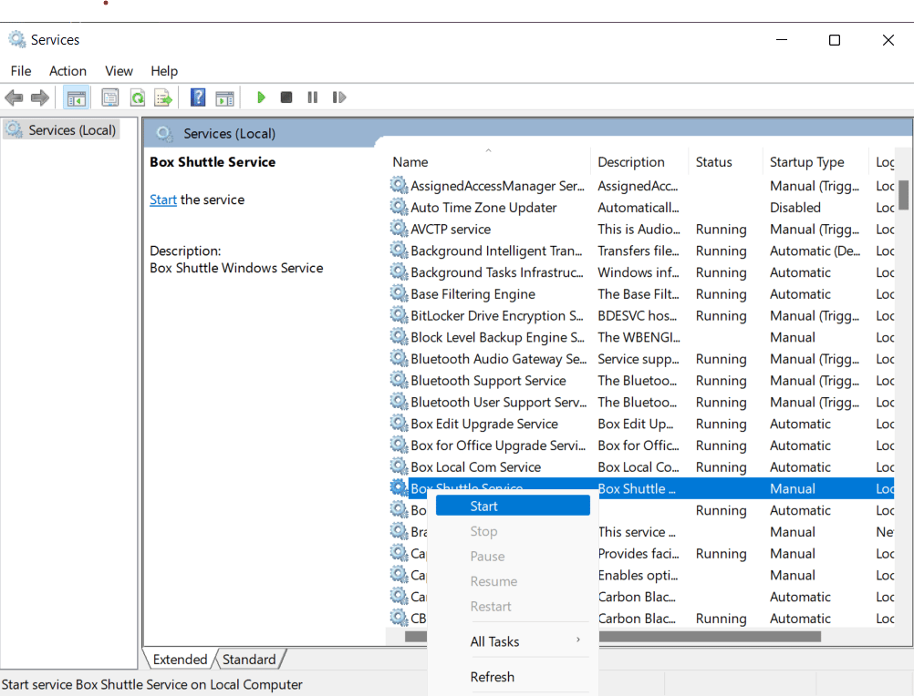 Windows Services console with Box Shuttle Service selected and Start option highlighted in context menu.