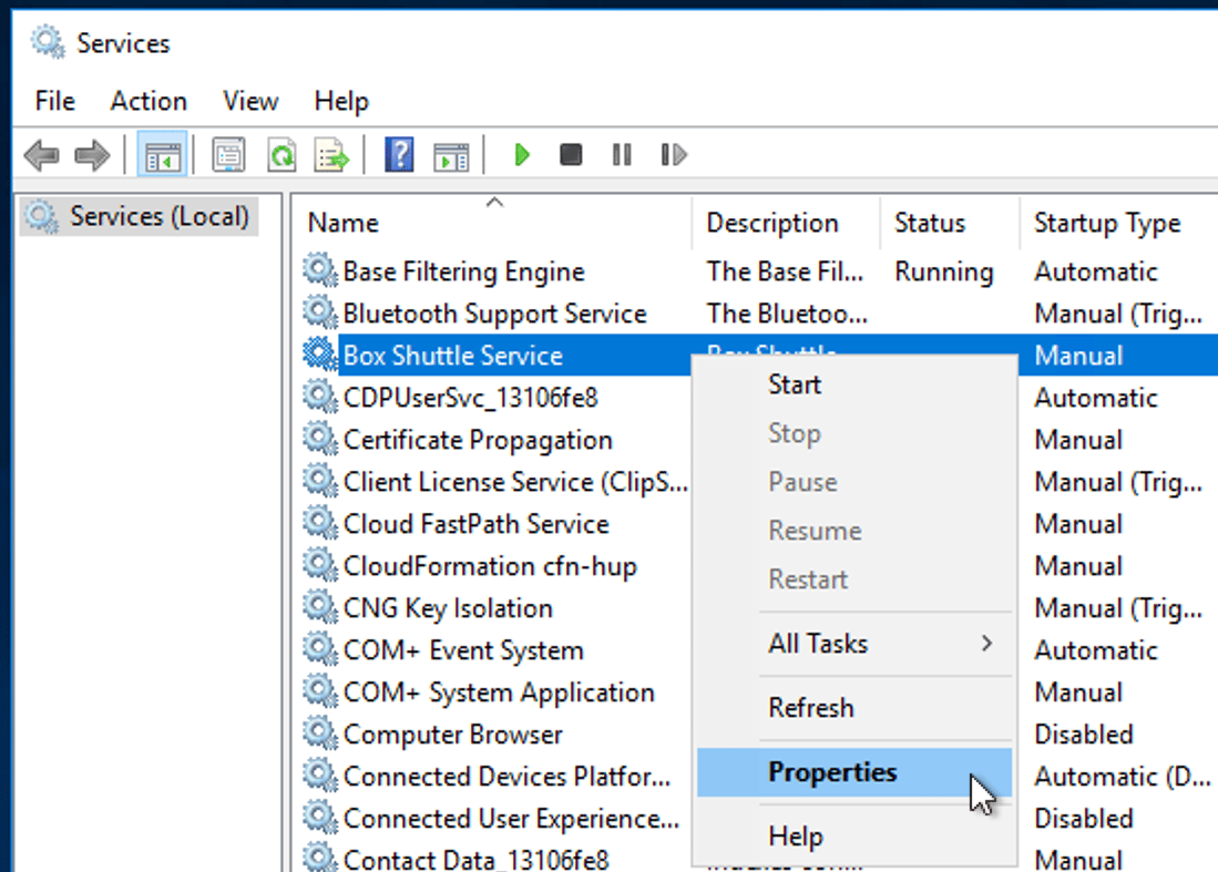 Windows Services list with Box Shuttle Service selected and Properties highlighted in right-click menu.