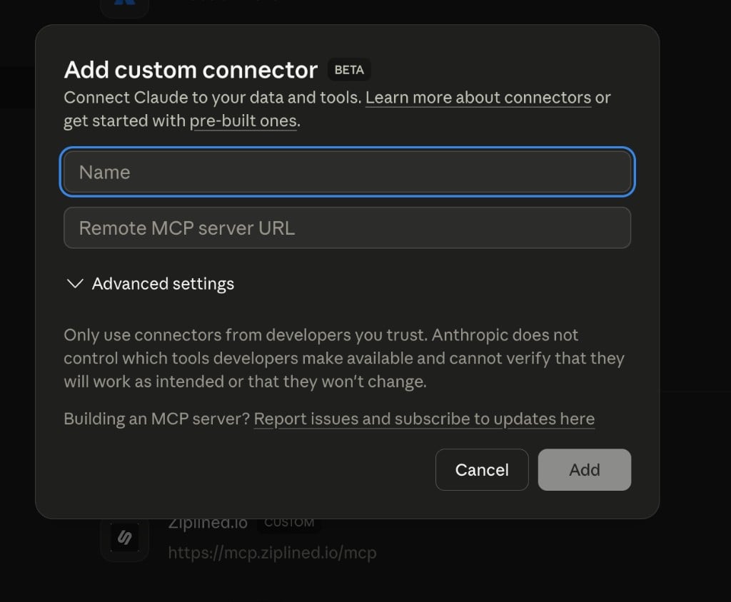 Add custom connector dialog with Name and Remote MCP server URL fields.