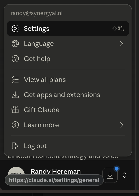 Claude profile menu with Settings highlighted.