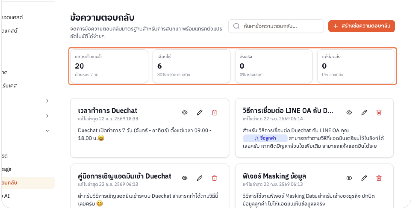 สถิติคำแนะนำ Standard reply ย้อนหลัง 7 วัน