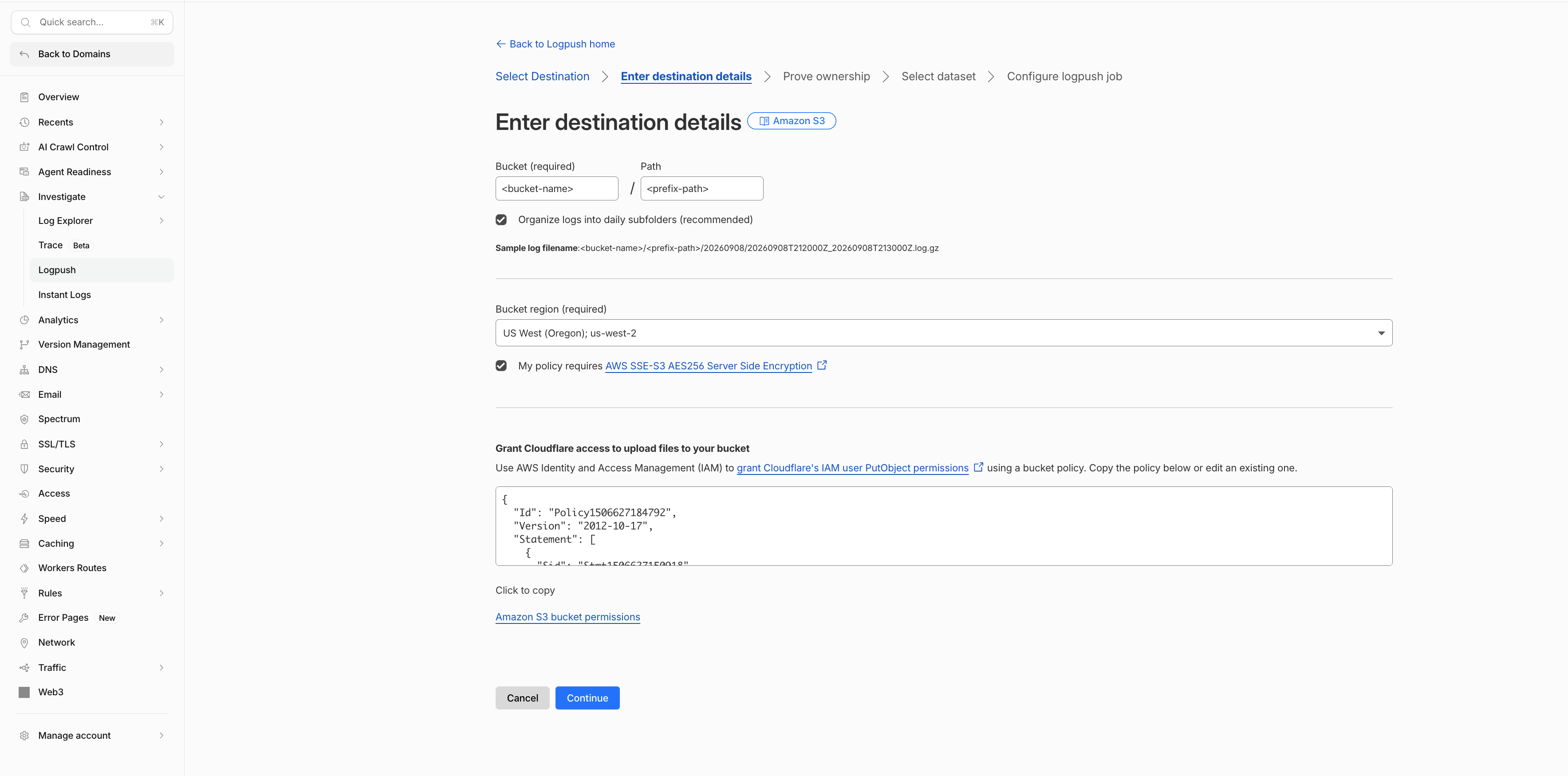 Cloudflare S3 destination form showing bucket, path, region, and the SSE-S3 encryption checkbox