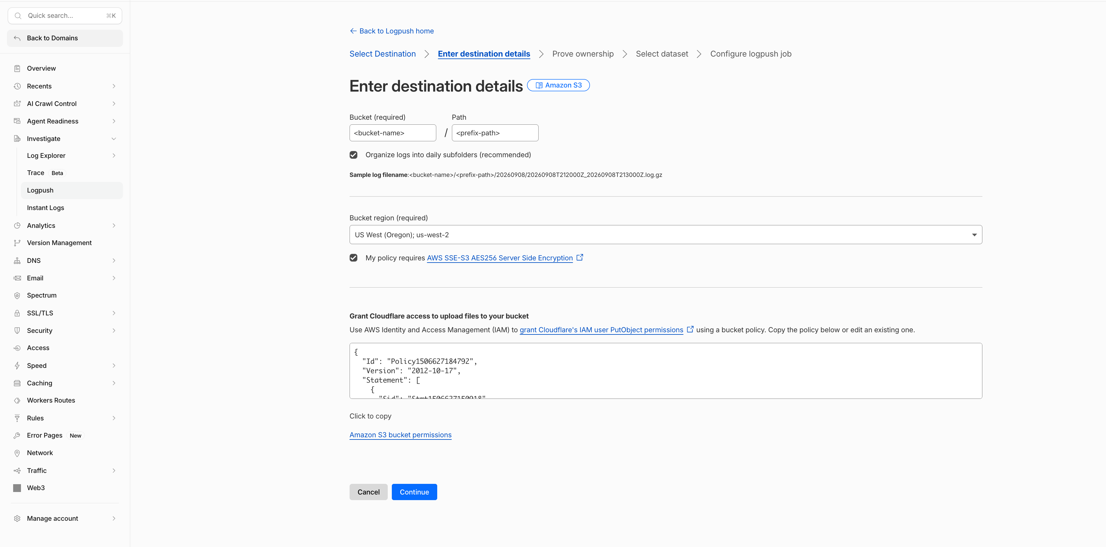 Cloudflare S3 destination form showing bucket, path, region, and the SSE-S3 encryption checkbox
