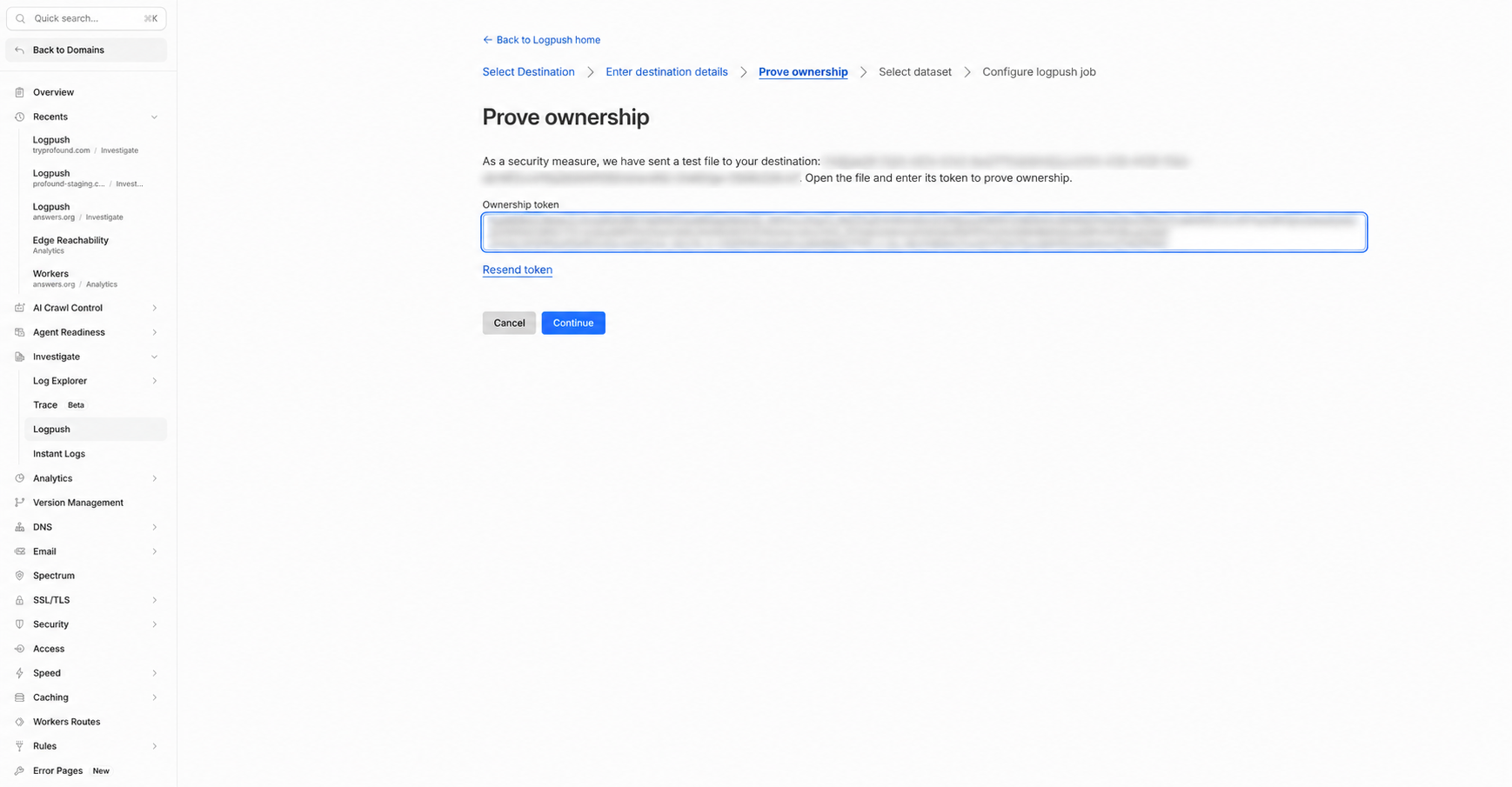 Cloudflare ownership verification with the token and challenge-file path blurred