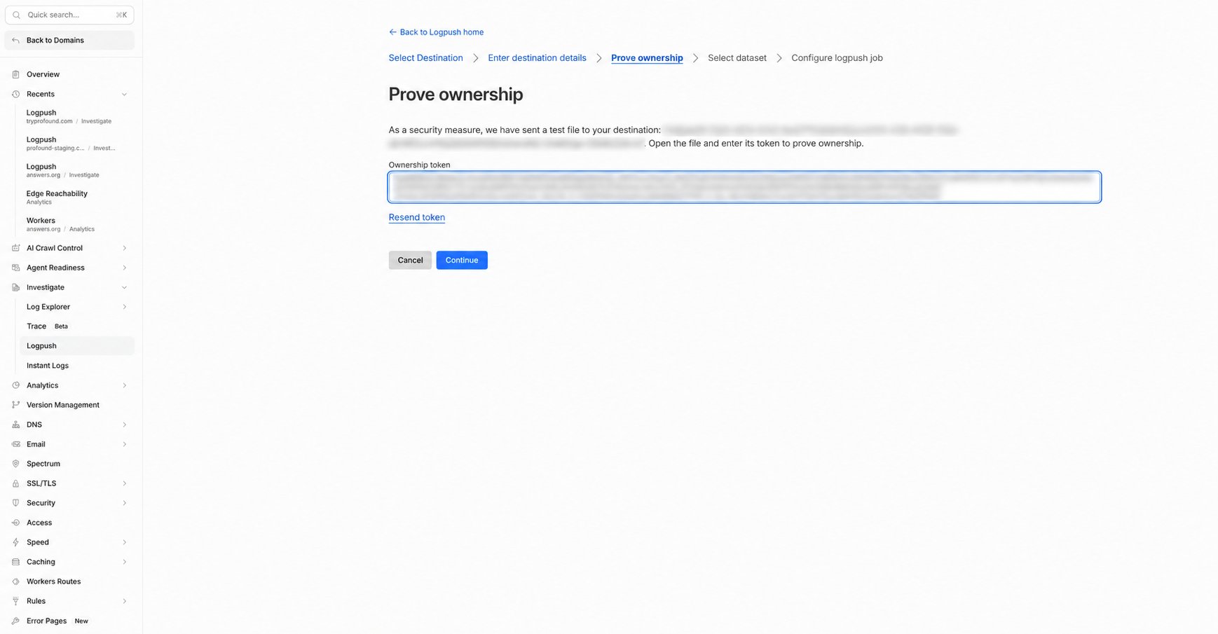 Cloudflare ownership verification with the token and challenge-file path blurred
