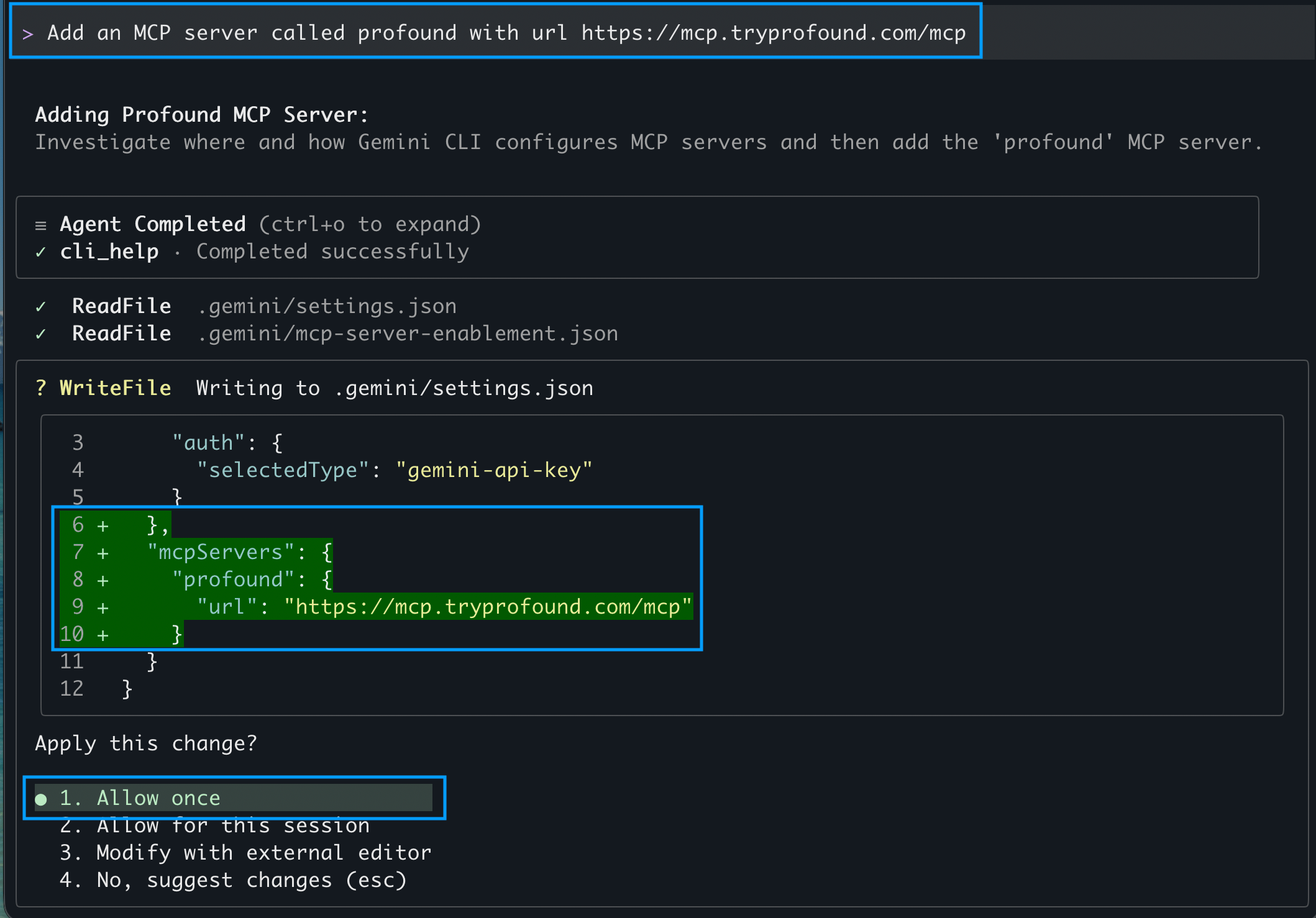 Gemini CLI screenshot with the prompt to add a new MCP server, a change in settings.json and Apply this change - Allow once option highlighted