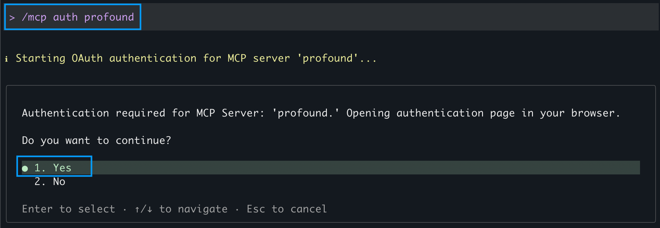 Gemini CLI screenshot with authentication command and an authentication dialog with the Yes option highlighted