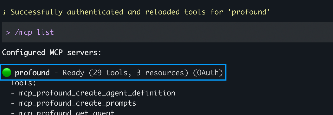 Gemini CLI screenshot with an mcp list command ran and profound server listed as ready