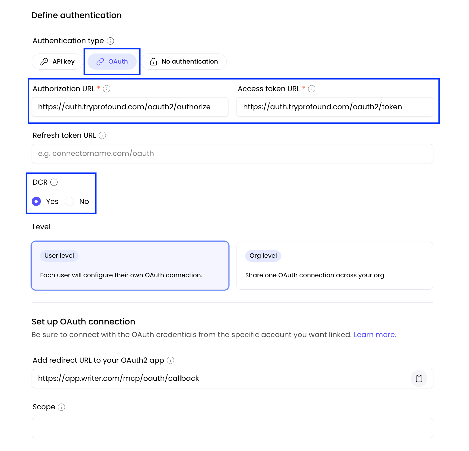 Define Authentication section of the WRITER AI Studio Connect to Profound screen with relevant fields highlighted