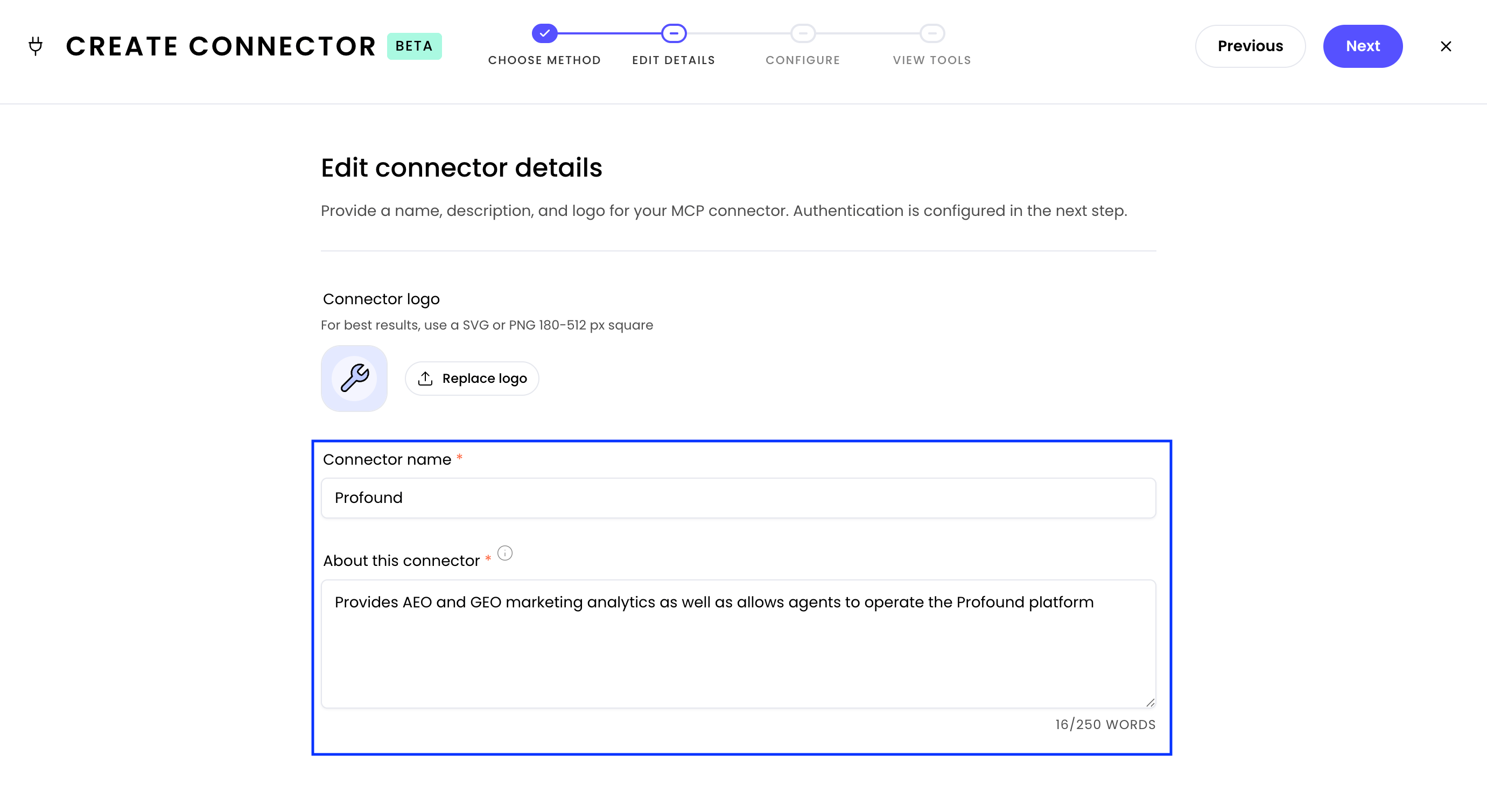 WRITER AI Studio Edit connector details dialog screenshot with relevant fields highlighted