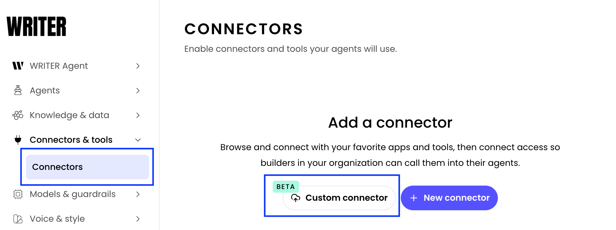 WRITER AI Studio landing page screenshot with Connectors & Tools tab and Custom connector button highlighted