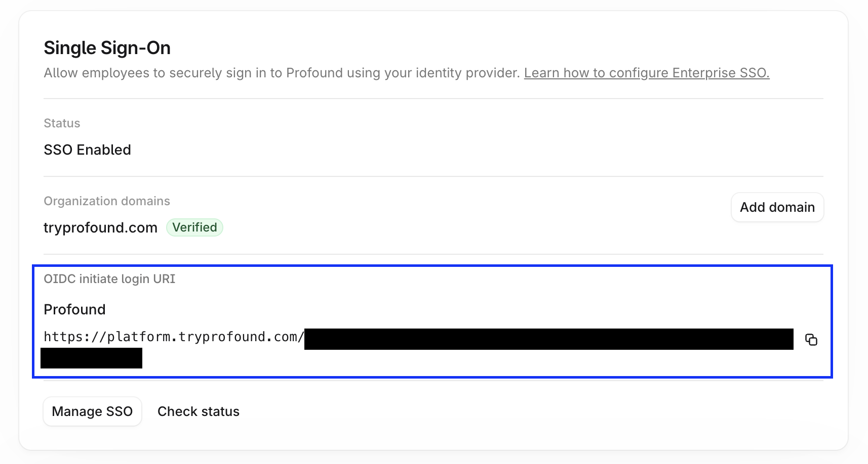Single Sign-On card on the Enterprise Setup page with the OIDC initiate login URI highlighted. The URI shows the Profound platform domain, and the rest of the address is redacted