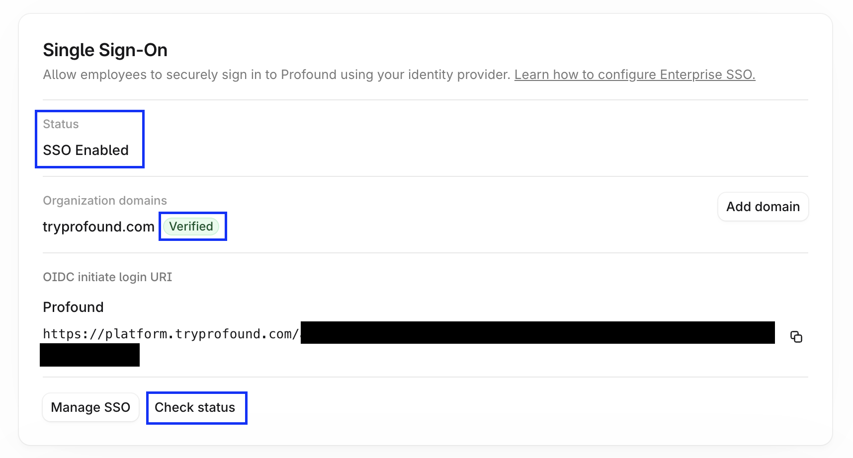 Single Sign-On card on the Enterprise Setup page showing the SSO Enabled status, a Verified domain, and the redacted OIDC initiate login URI, with the status, the Verified badge, and the Check status button highlighted