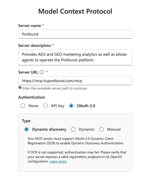 Microsoft Copilot Studio Model Context Protocol setup wizard screenshot