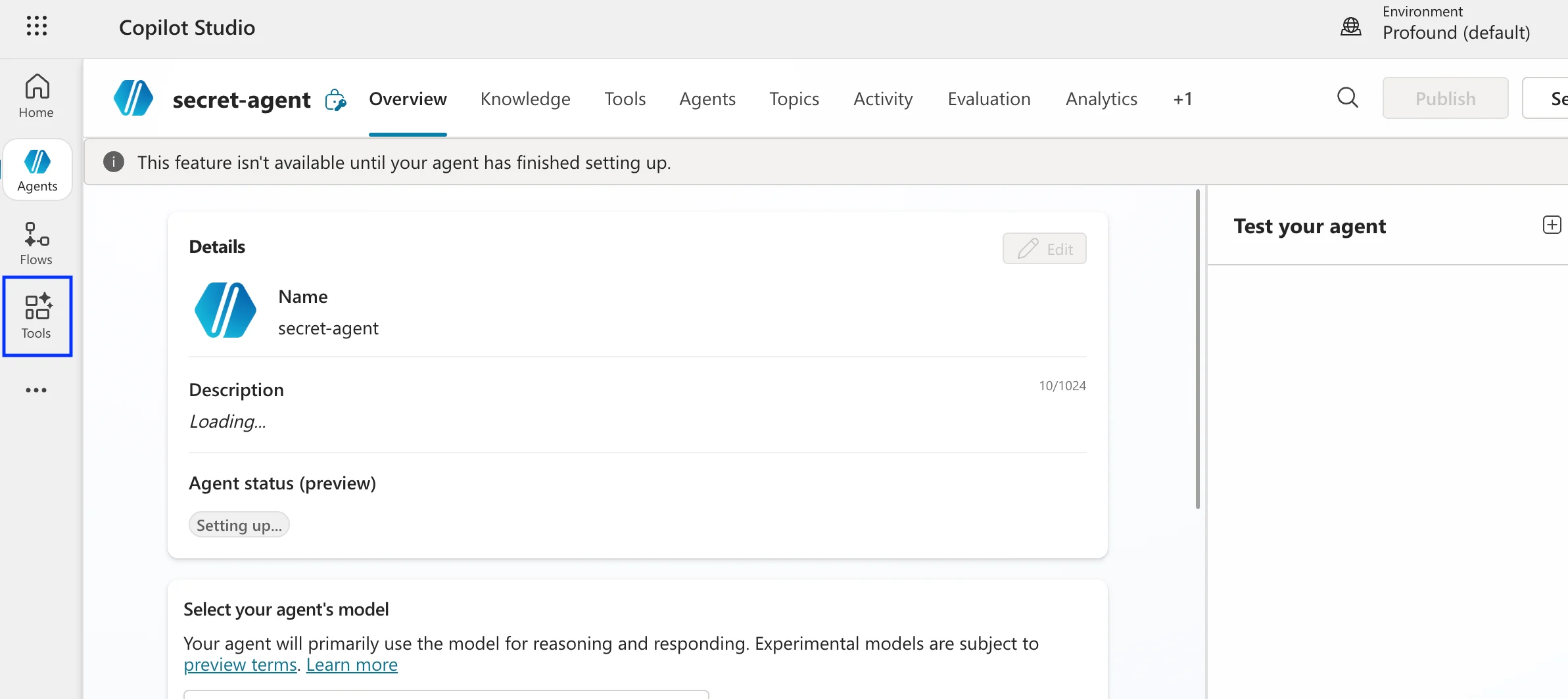 Microsoft Copilot Studio agent page screenshot with Tools tab highlighted
