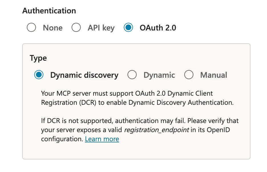 Microsoft Copilot Studio Model Context Protocol setup wizard Authentication section screenshot with Dynamic discovery option selected