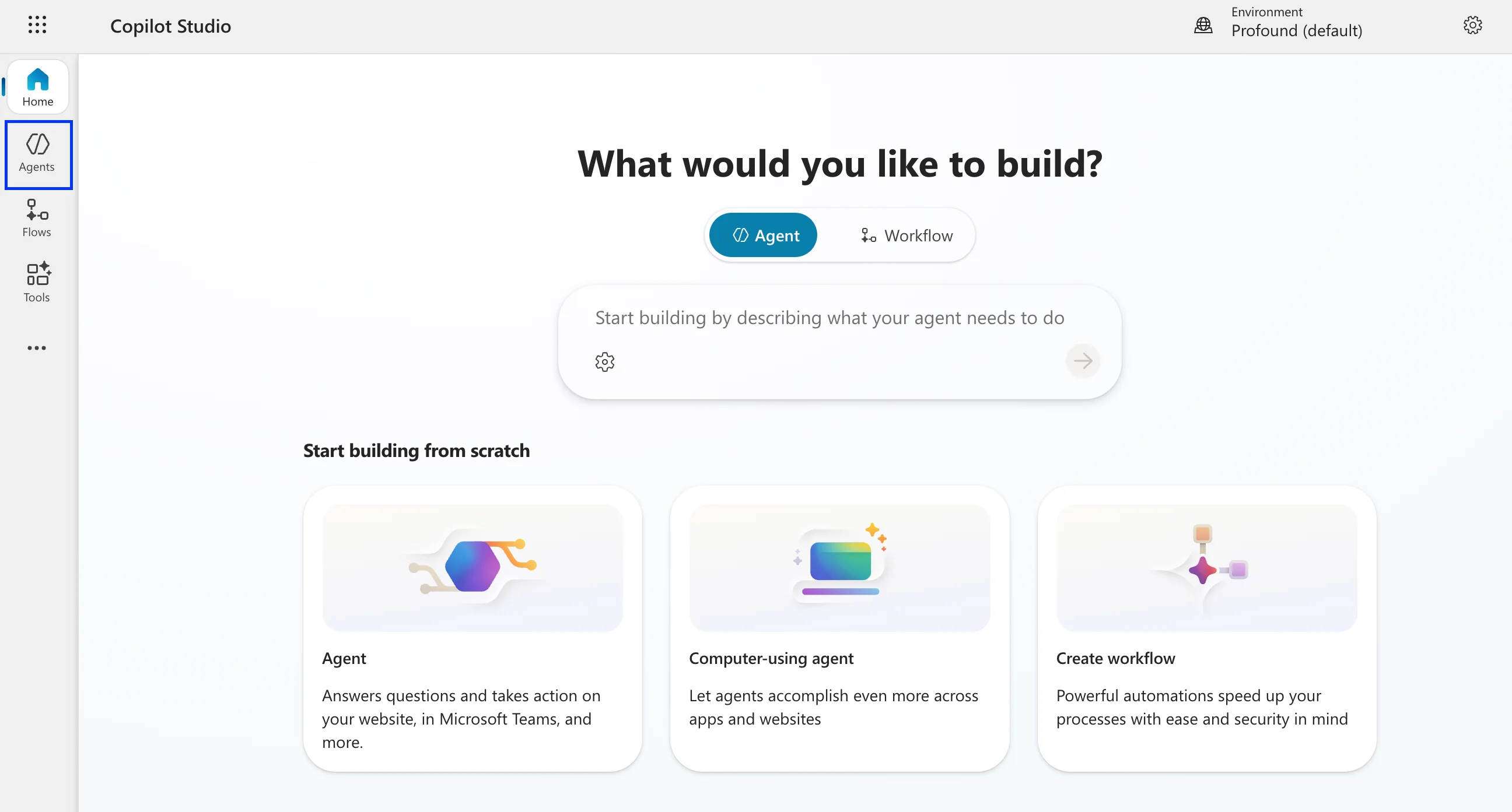 Microsoft Copilot Studio landing page screenshot with Agents tab highlighted