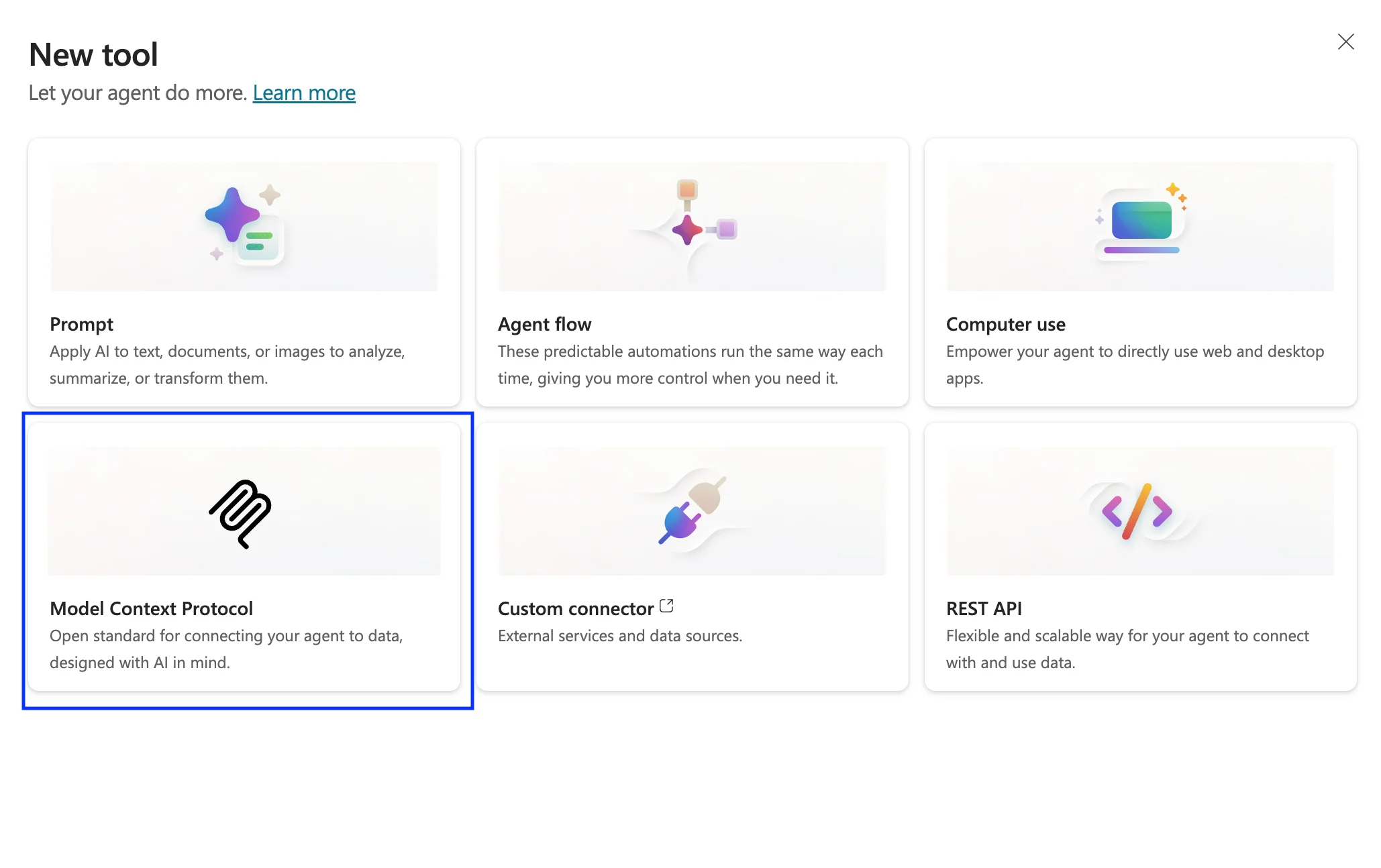 Microsoft Copilot Studio New Tool dialog screenshot with Model Context Protocol option highlighted