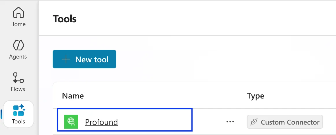 Microsoft Copilot Studio Model Tools tab screenshot with the newly connected Profound tool highlighted