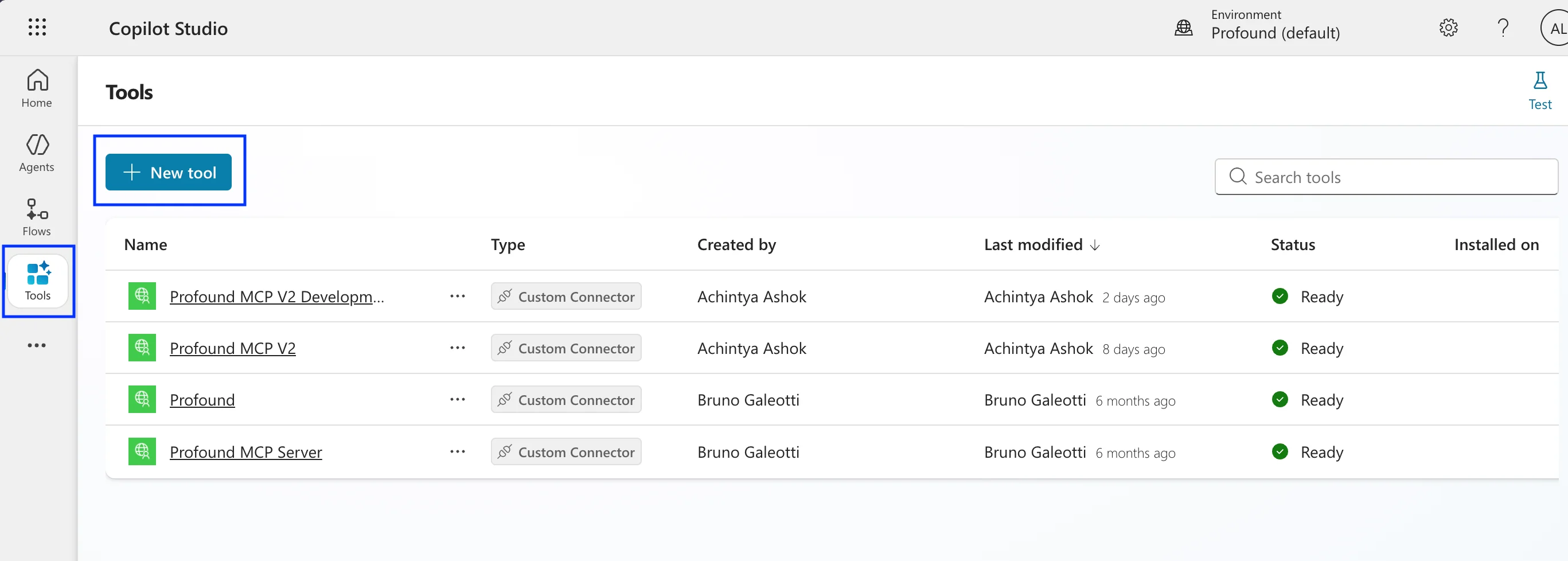Microsoft Copilot Studio tools page screenshot with Tools tab and + New Tool button highlighted