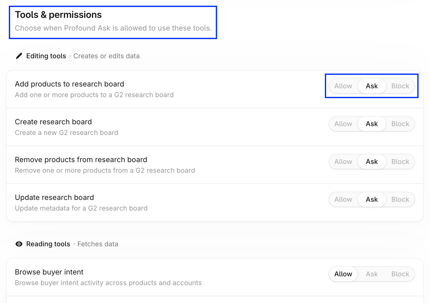 G2 connector Tools & permissions table screenshot with permission options highlighted