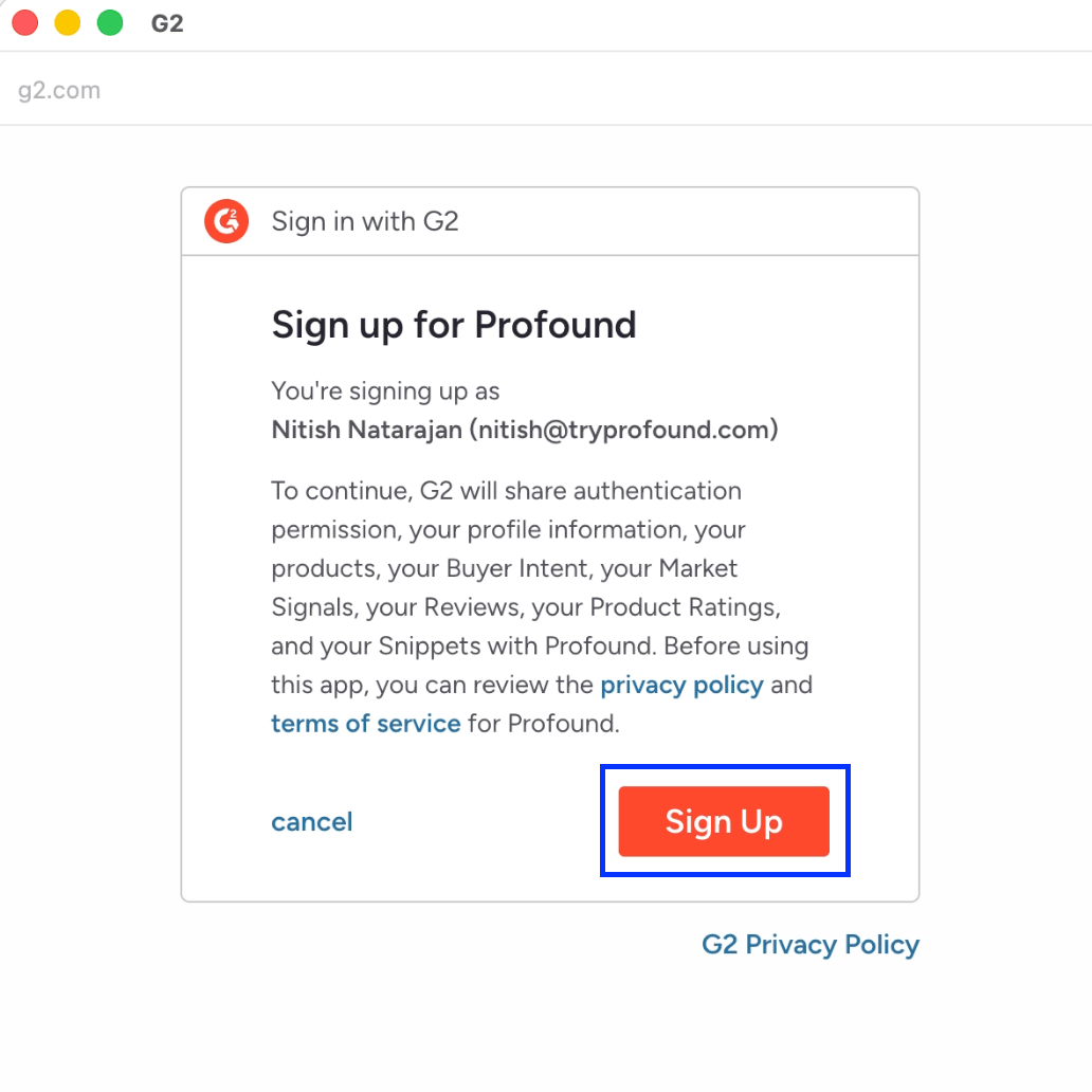 G2 authentication dialog screenshot with the Sign Up button highlighted