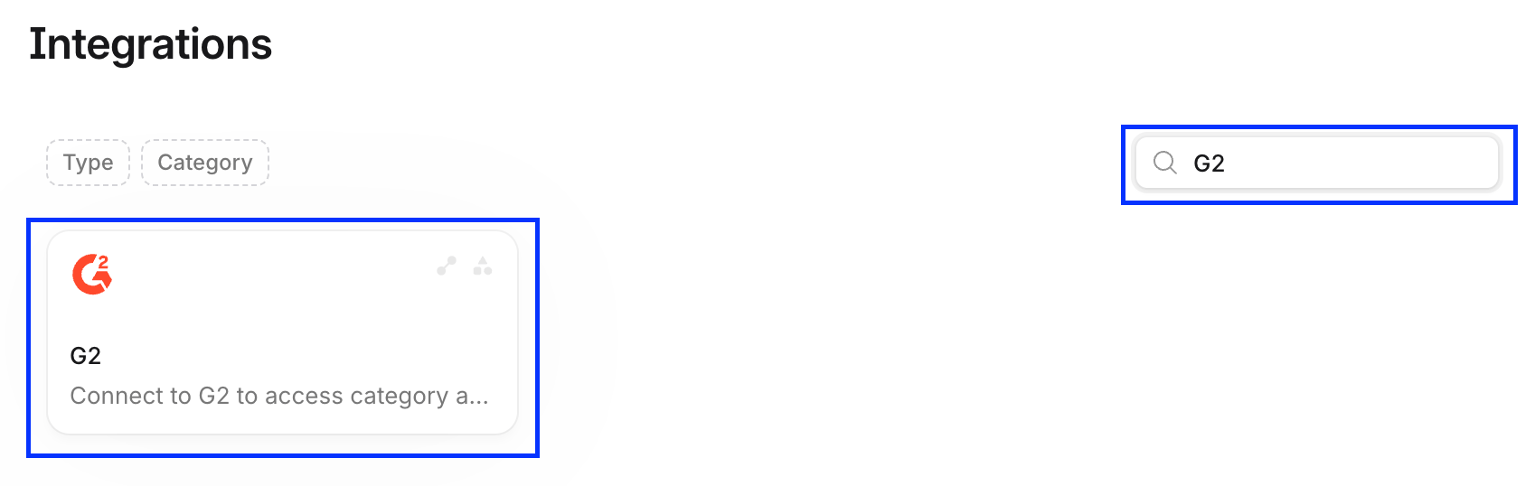Profound Integrations view screenshot with "G2" typed in the search bar and a G2 integration card both highlighted