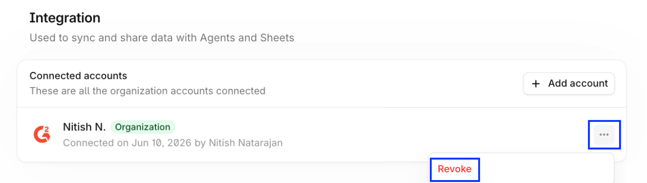 G2 account on list of connected accounts screenshot with the three-dot action menu and the Revoke option highlighted