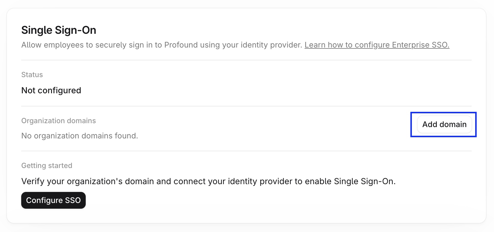 Enterprise Setup page screenshot showing the Single Sign-On card with the Add domain button highlighted