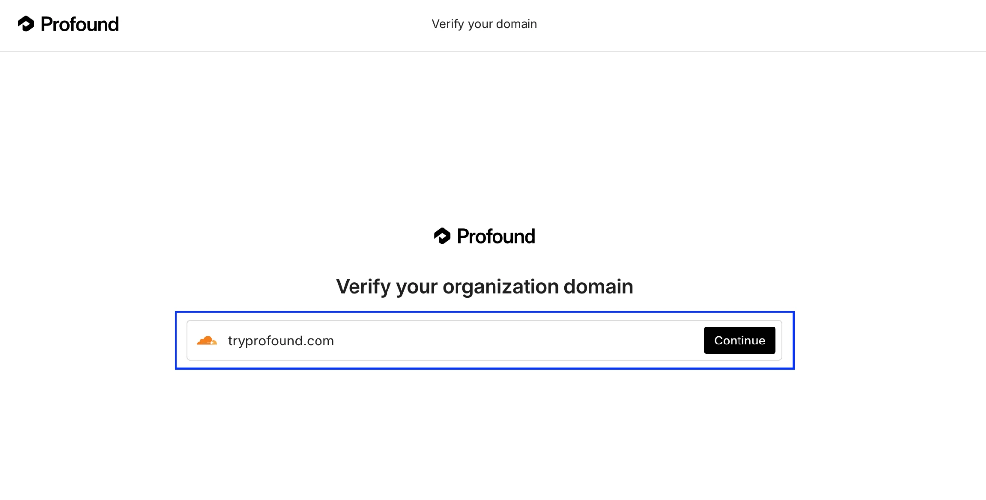 Verify your organization domain screen in the portal with the Enter your domain field and Continue button