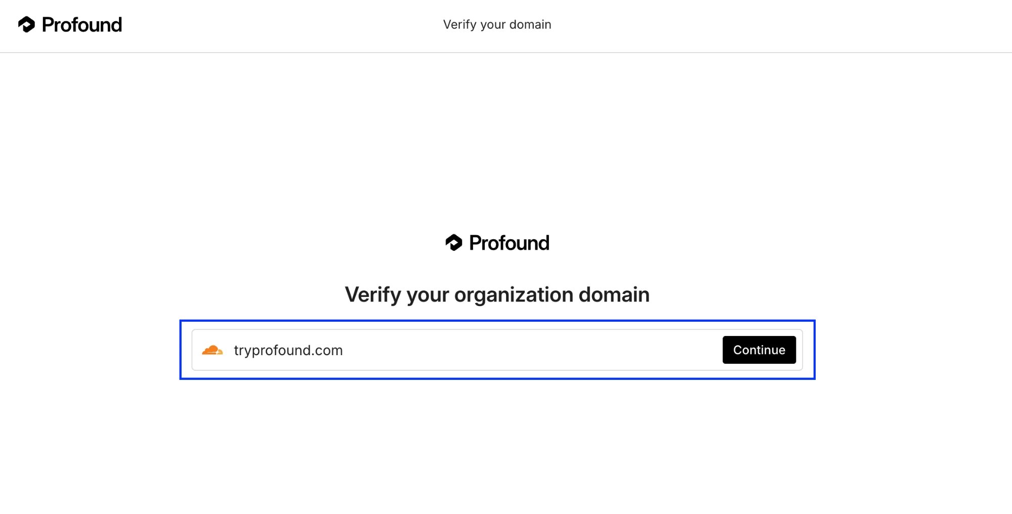 Verify your organization domain screen in the portal with the Enter your domain field and Continue button