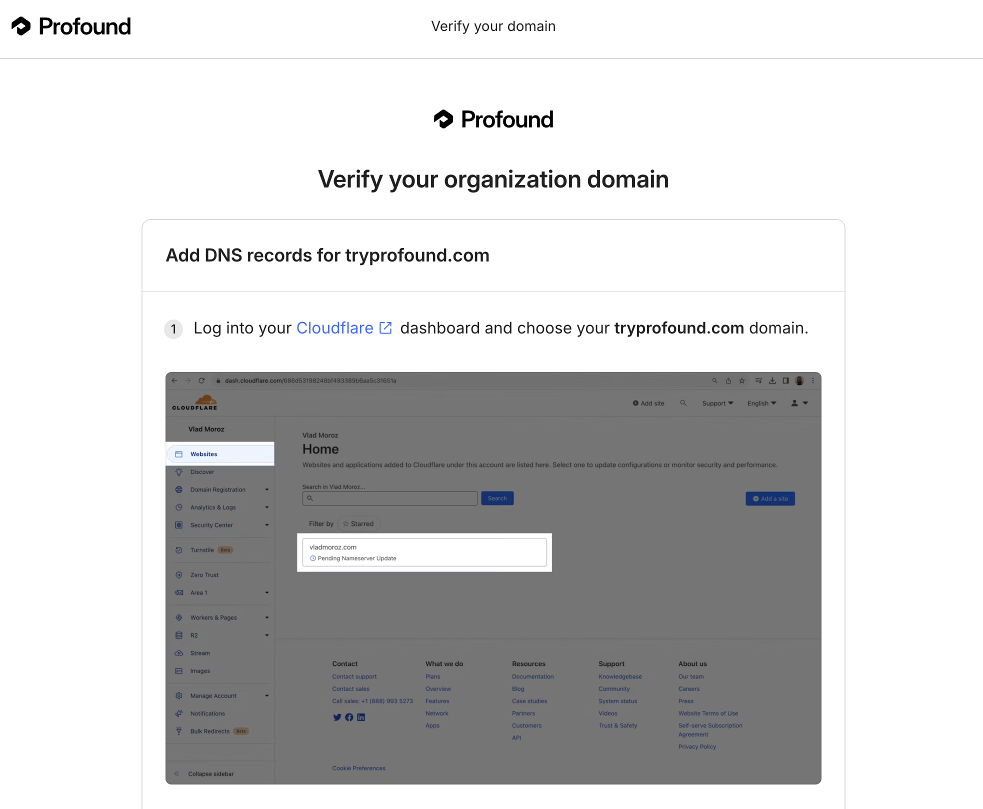 Add DNS records screen in the portal showing provider-specific instructions for Cloudflare, starting with signing in to the Cloudflare dashboard