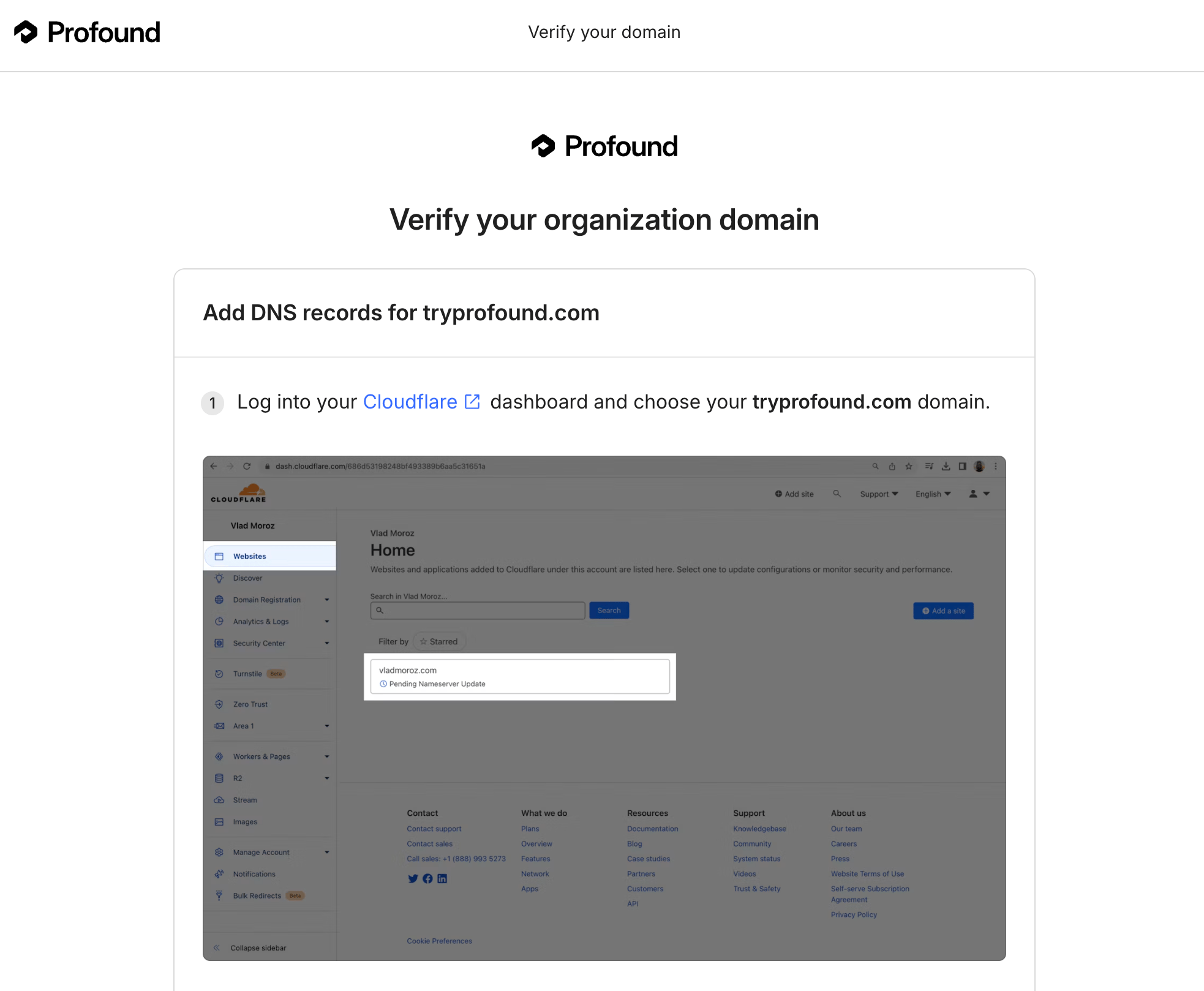 Add DNS records screen in the portal showing provider-specific instructions for Cloudflare, starting with signing in to the Cloudflare dashboard