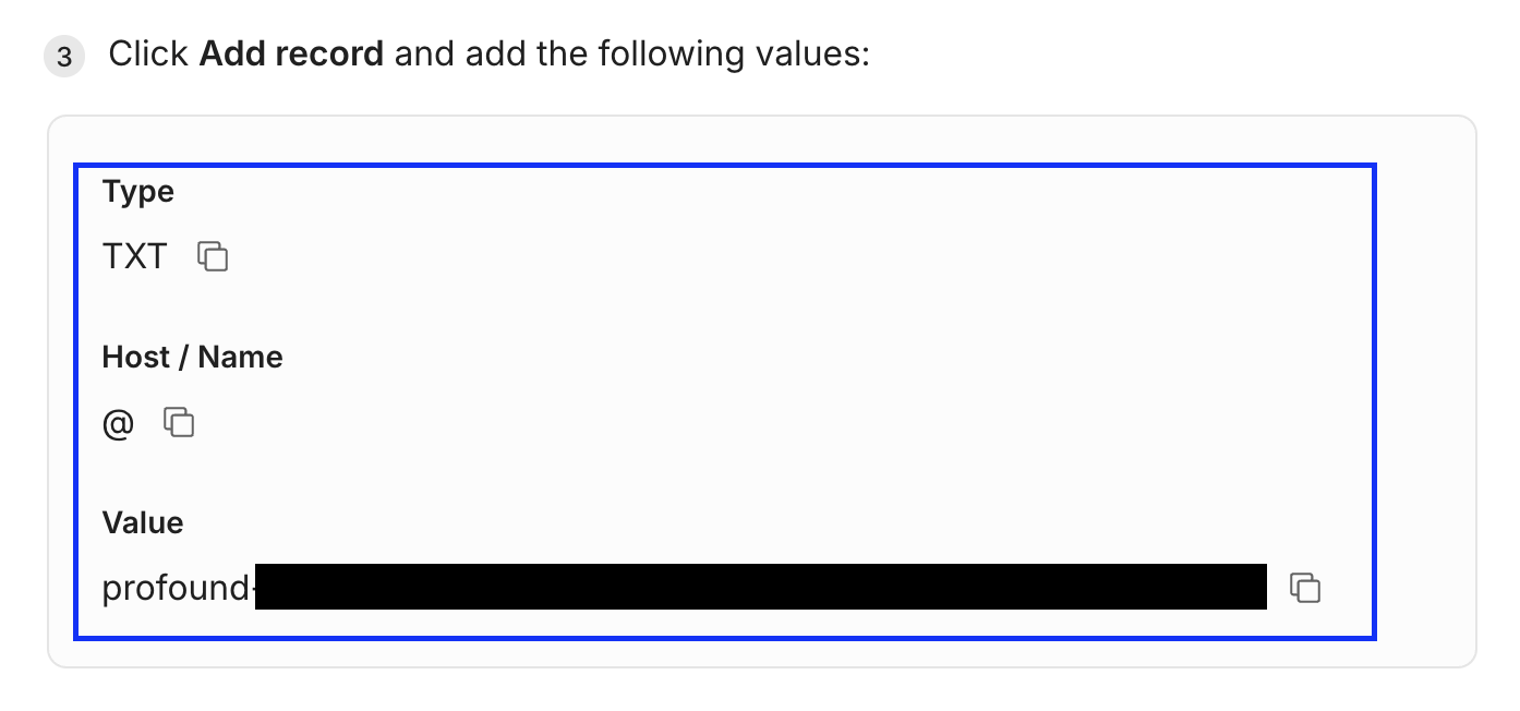 TXT record details in the portal: type TXT, host @, and a value beginning with profound-, each with a copy button