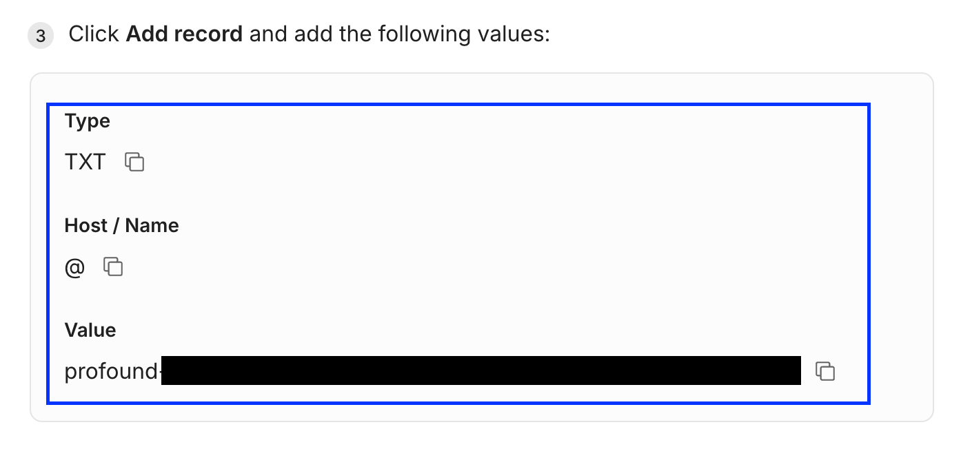 TXT record details in the portal: type TXT, host @, and a value beginning with profound-, each with a copy button