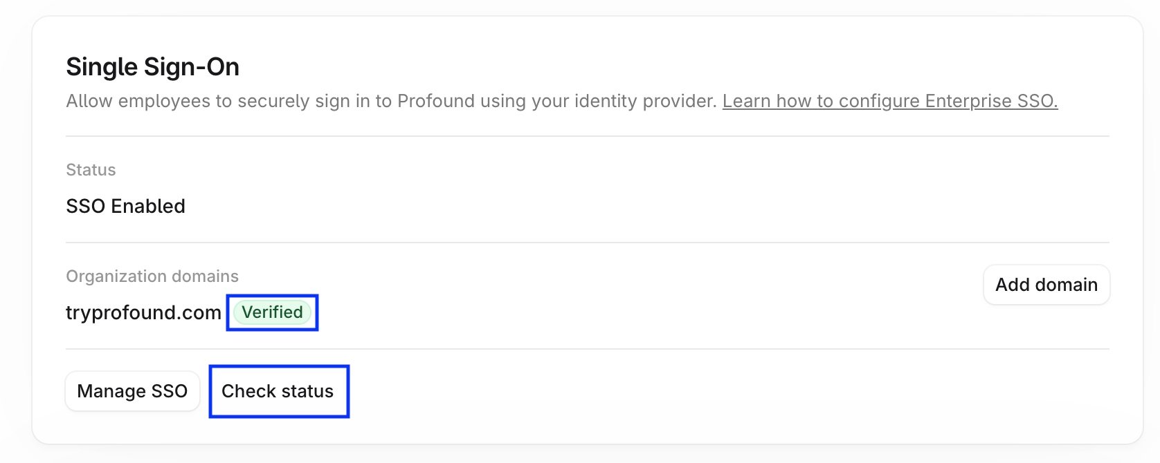 Enterprise Setup page screenshot showing the domain marked Verified and the Check status button highlighted