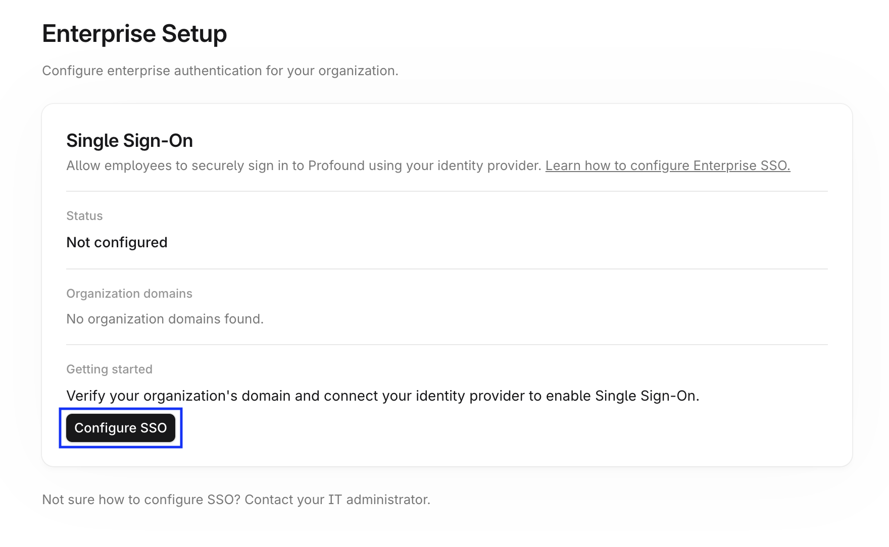 Enterprise Setup page screenshot showing the Single Sign-On card with the Configure SSO button highlighted