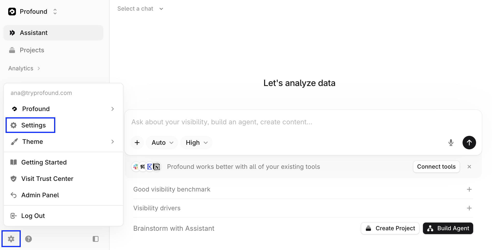 Profound sidebar screenshot with the settings gear icon and the Settings menu option highlighted