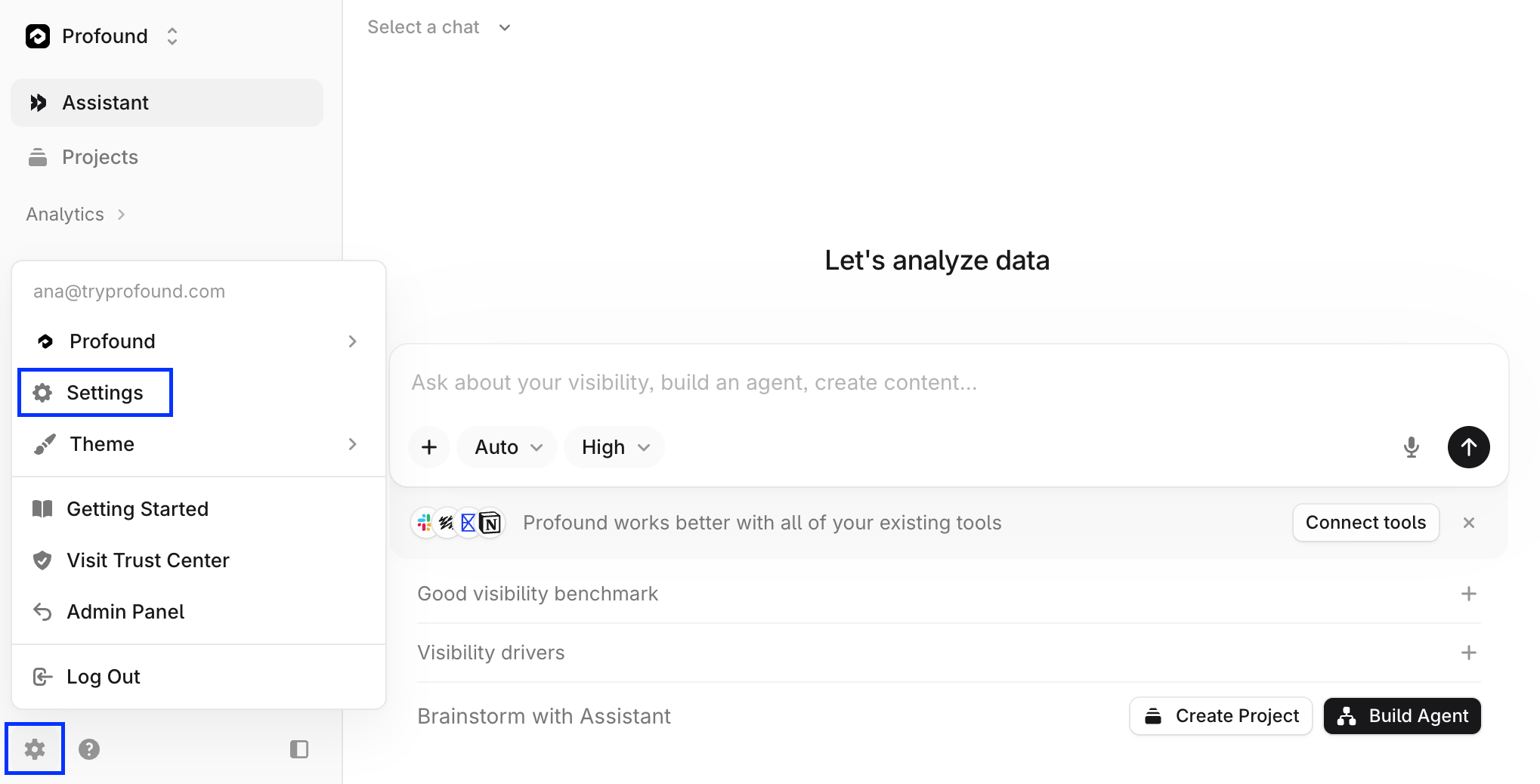Profound sidebar screenshot with the settings gear icon and the Settings menu option highlighted
