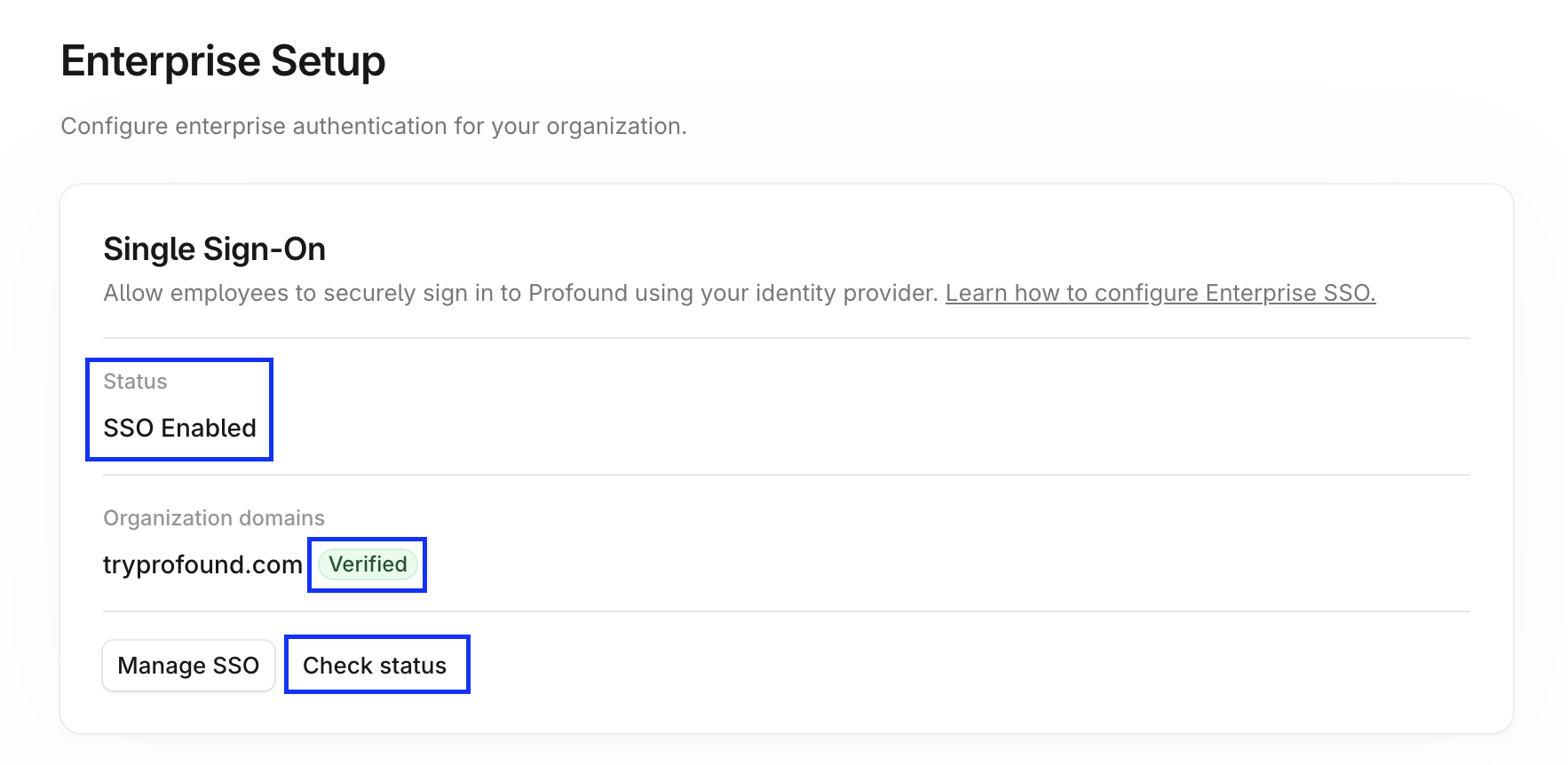 Enterprise Setup page screenshot showing SSO Enabled status, a Verified domain, and the Check status button highlighted