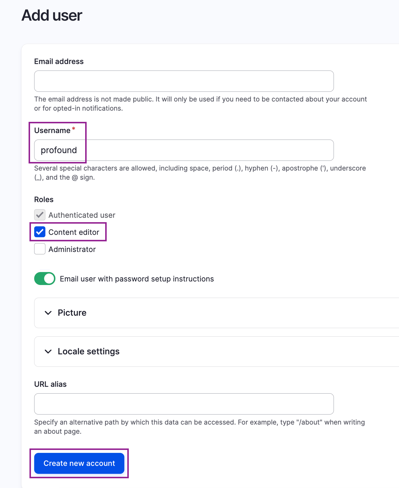 Drupal Add user form screenshot with the Username and Role fields, and a Create new account button highlighted