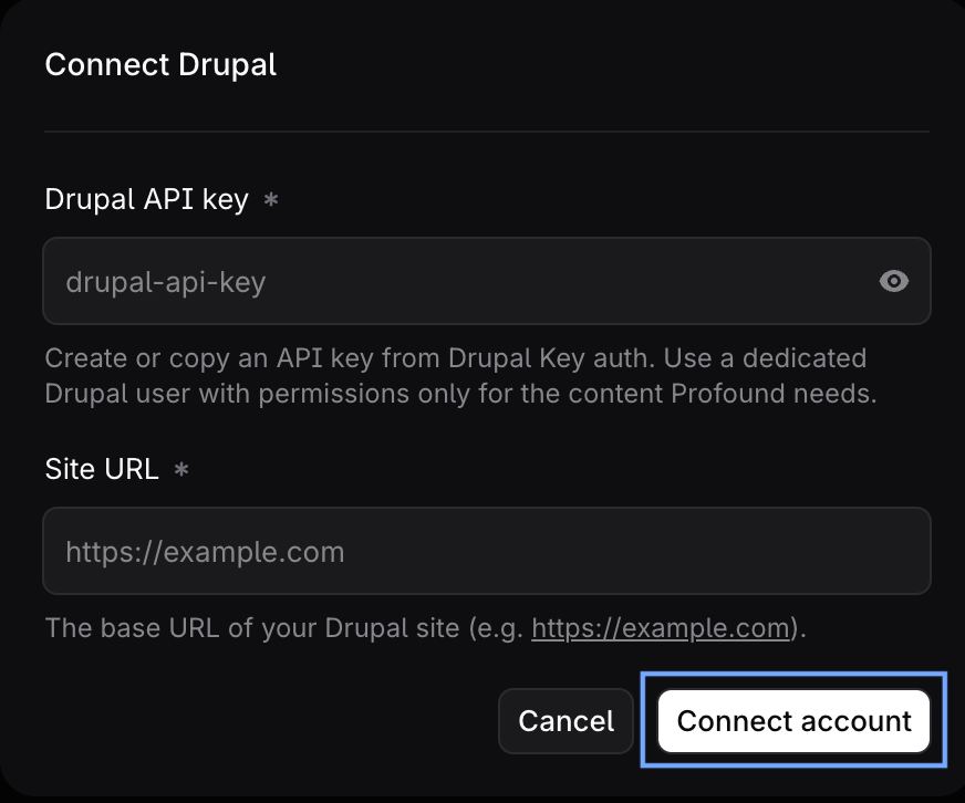 Connect Drupal dialog screenshot with the Connect account button highlighted