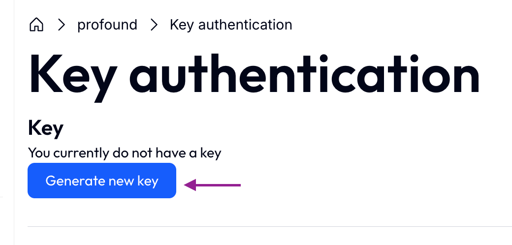Drupal key authentication page screenshot with the Generate new key button highlighted