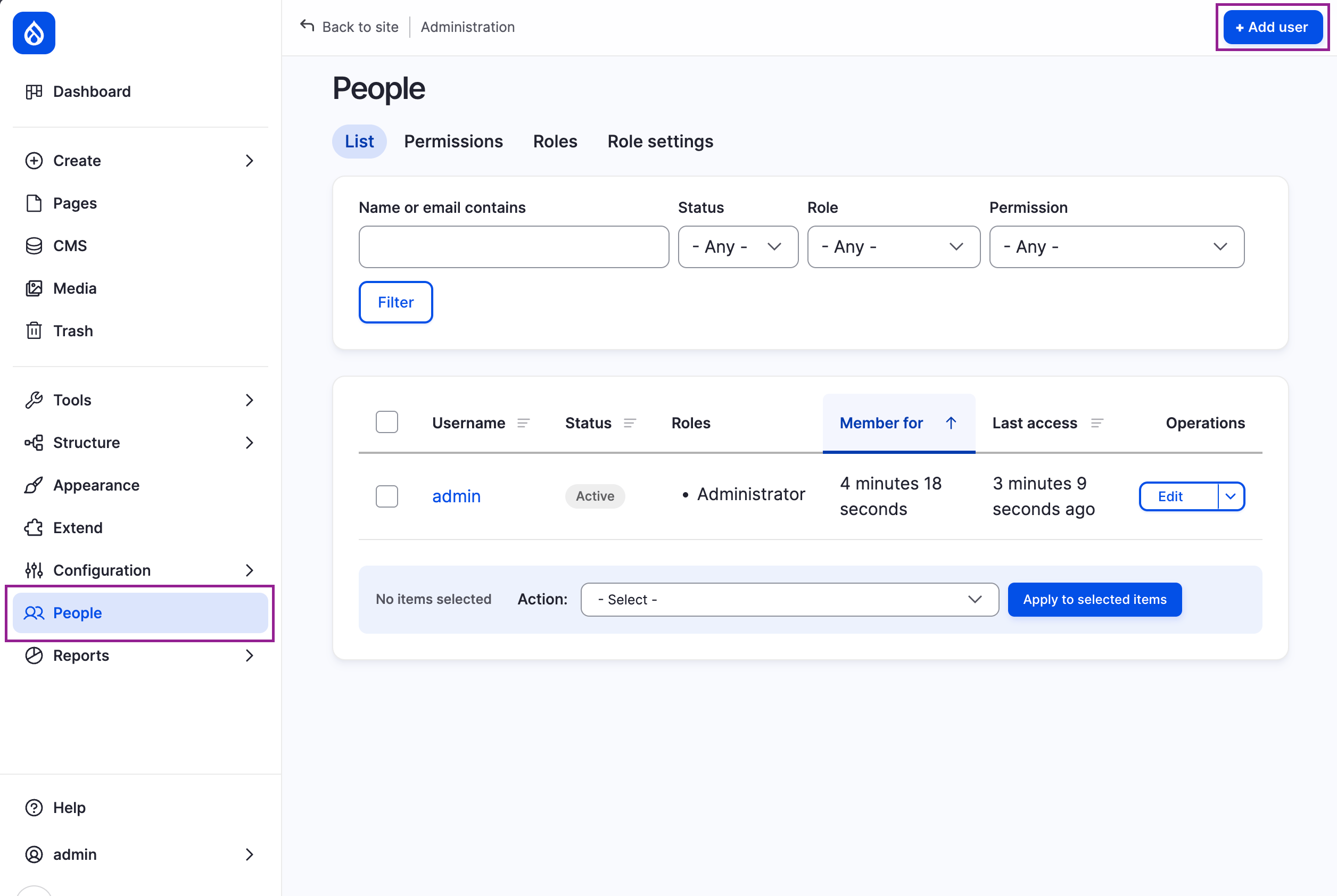Drupal platform screenshot with People tab and an Add user button highlighted
