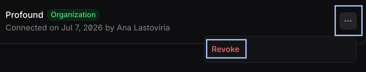 Profound account list item from the list of connected accounts with the three-dot action menu and the Revoke option highlighted